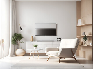 Mockup a TV wall mounted with an armchair in the modern minimalist interior with a white wall.3d rendering
