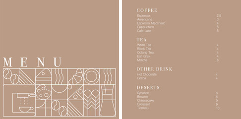Cafe design menu. Coffee drinks menu price list for cafe, coffee shop vector template. Coffee linear print. Pattern with coffee theme in geometric minimalistic style. 