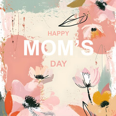 Abstract background with hand drawn spring flowers in pastel colors and trendy typography on pastel pink Mothers day templates for card, cover, web banner, modern art style