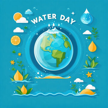 Vector illustration of a background for World Water Day with water drop, brush and world map.