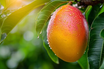 Ripe delicious mango growing on a tree, close-up