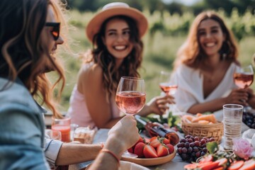 a group of young cheerful diverse men and women posing for a photo on a summer spring picnic in a park, drinking alcoholic beverages and eating food, snacks and having much fun, celebrating vacation