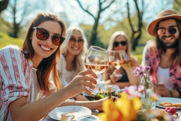 a group of young cheerful diverse men and women posing for a photo on a summer spring picnic in a park, drinking alcoholic beverages and eating food, snacks and having much fun, celebrating vacation - obrazy, fototapety, plakaty