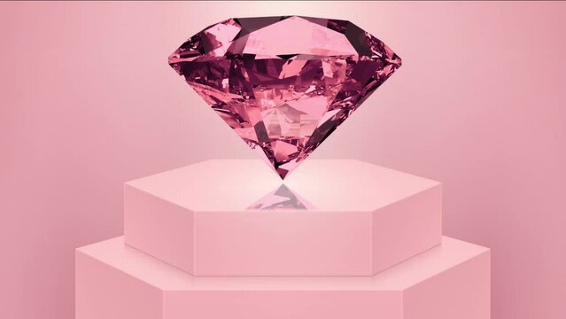 Sparkling bright pink round cut diamond rotating on black glossy background. Seamless loop 3D animation. Beautiful red ruby rotating on a black background. Looping animation, 4k. Rotating diamond 3d
