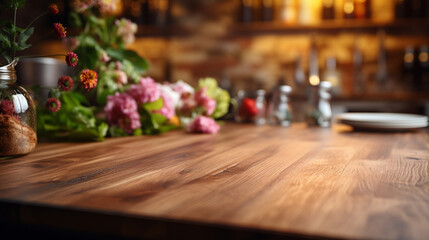 Wooden tabletop over defocused kitchen background , Generate Ai