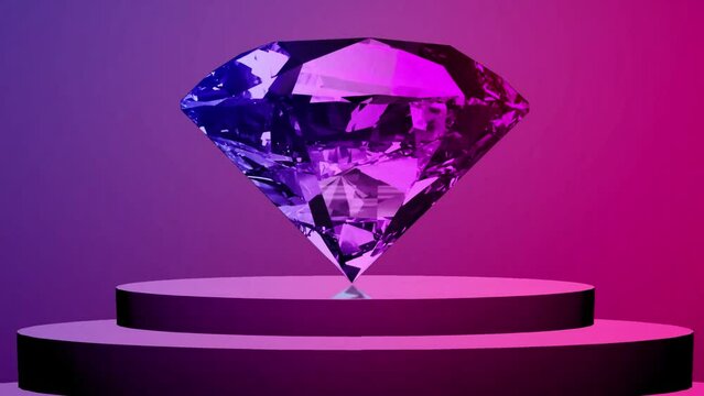 Shiny diamond rotating on a Colored background. Looping animation. 3D rendering. Rotating Diamond Loop Animation in 4K. Sparkling bright pink round cut diamond rotating on black glossy background. 3d