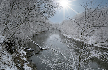 winter river in forest - 712409705