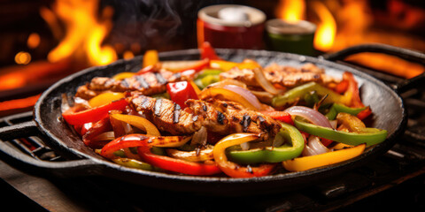 Grilled Hot Chicken Meal with Sizzling Vegetables and Cooked Gourmet Lunch in a Barbecue Pan - A Delicious Feast on an Iron Skillet.