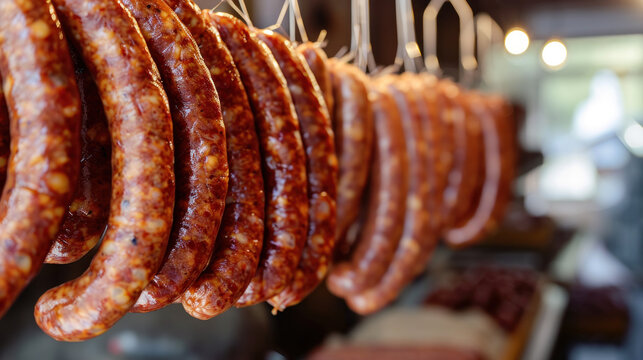 Factory for the production of meat products, cured sausages. Traditional spicy sausage hanging to dry, covered with fungus. Concept of handmade meat products. Delicacy.