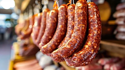 Foto op Aluminium Factory for the production of meat products, cured sausages. Traditional spicy sausage hanging to dry, covered with fungus. Concept of handmade meat products. Delicacy. © PaulShlykov