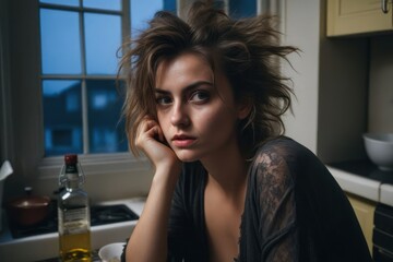 Fototapeta premium Portrait of pretty drunk girl sitting in the kitchen. Concept of dangers of alcoholism. Generative AI