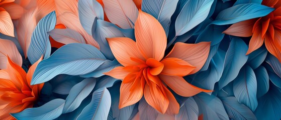 Warm orange petals and cool blue leaves in a soothing floral composition, embodying calming rhythms and fluid forms. - Powered by Adobe