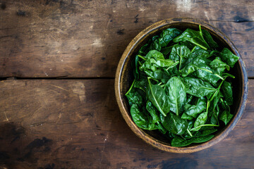 a bowl of spinach above wooden table with copyspace