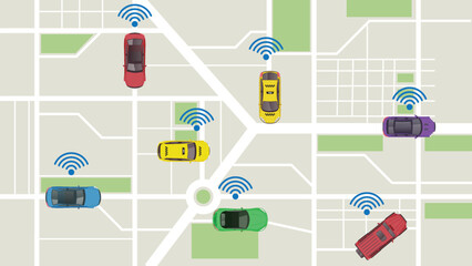 top view flat cartoon of car on map with wireless internet connection signal and sign