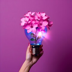 Female hand holds glowing light bulb with purple flowers on pink background, Ai Generated