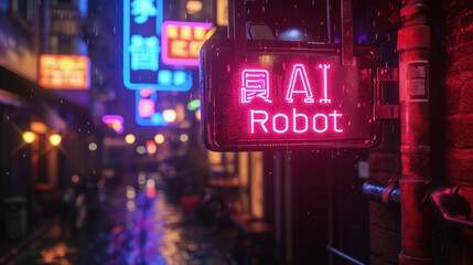AI Robot store or workshop on cyberpunk city street at night, neon signs on dark grungy alley with blue and red light in rain. Concept of dystopia, anime, futuristic and future