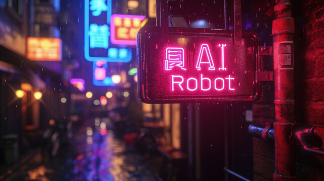 AI Robot store or workshop on cyberpunk city street at night, neon signs on dark grungy alley with blue and red light in rain. Concept of dystopia, anime, futuristic and future