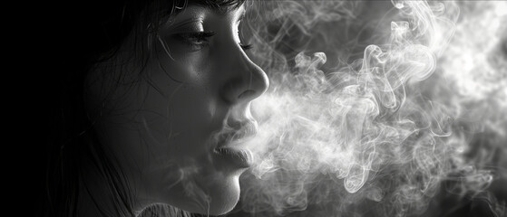 Monochrome Portrait of a Woman Exhaling Smoke, Creating a Mysterious and Artistic Atmosphere