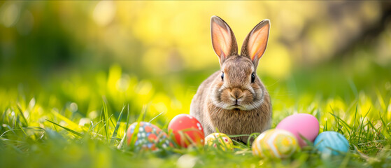 Fototapeta na wymiar Adorable Bunny Amidst Easter Eggs on a Lush Green Meadow in the Warm Spring Sunlight