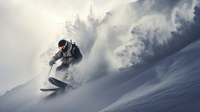 Snowboarder on the freeride slope. downhill with snowboards in fresh snow. Vacation concept. Extreme winter sport