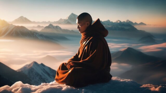 monk meditating amidst misty mountains at sunrise