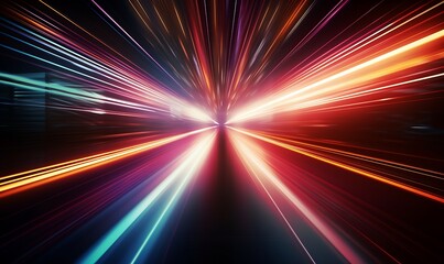 Obraz premium High speed straight lines and bokeh lights, glowing neon, speed of light in black studios. Generative Ai