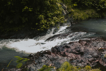 A bubbling clear mountain river in the rainforest. Beautiful natural background of nature