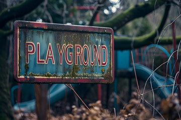 Verwitterter Charme: Heruntergekommenes Schild mit der Aufschrift 'Playground' verströmt nostalgische Authentizität und erzählt Geschichten vergangener Zeiten auf verlassenem Kinderspielplatz - obrazy, fototapety, plakaty