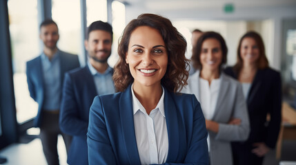 Smiling confidently, a female executive stands at the forefront with her professional team arrayed in support behind her in the office.