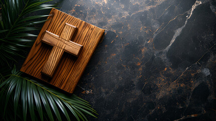 Easter wooden cross on black marble background religion abstract palm with bible book, sunday concept,
