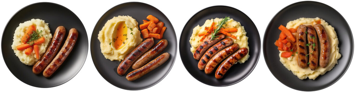 chipolata with mashed potatoes and carrot on a plate, top view
