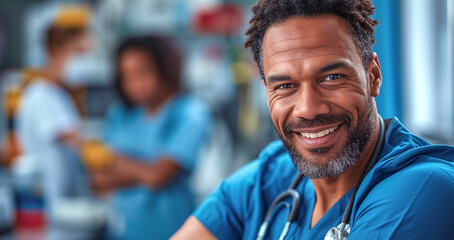 Fototapeta premium Closeup portrait of black man doctor therapist in blue scrubs smiles and looking at camera.