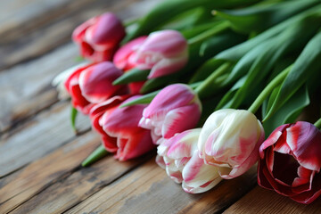 Bouquet of fresh beautiful delicate tulips on a wooden background as a gift, photo in light pastel colors, concept of Mother's Day, Women's Day, spring background, rustic style, copy space