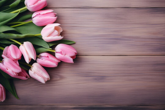 Bouquet of fresh beautiful delicate tulips on a wooden background as a gift, photo in light pastel colors, concept of Mother's Day, Women's Day, spring background, rustic style, copy space