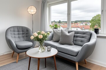 Calm and Elegant. A cozy, inviting ambiance in a stylish minimalist apartment with modern furniture and elegant design. The space is beautifully lit, creating a warm and welcoming atmosphere.