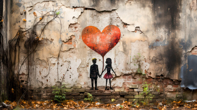 Graffiti with couple in love and heart on old walls