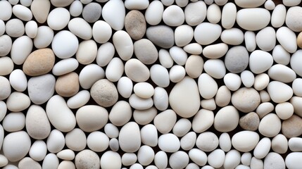 Polished White Pebble Background: Loose, Smooth Stones Round Out Serene Texture for Landscaping