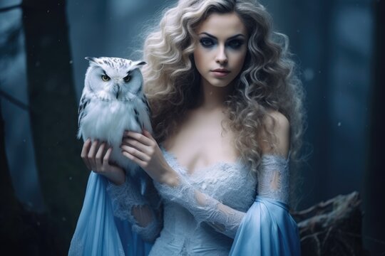 Sorceress in Blue. A stunningly elegant and mysterious sorceress photographed amidst the cold,