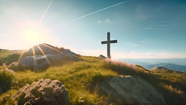 Christian cross on a grassy hill with sky sun and clouds in the background Generative AI