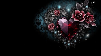 Glass gothic heart with roses and diamonds on black background, place for text. Valentines Day wallpaper. - obrazy, fototapety, plakaty