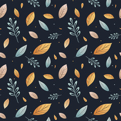 Vector seamless pattern of colorful leaves. Dark background, vector floral pattern.