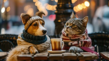 A couple of dog and cat sitting in a cozy winter outdoor cafe with hot drinks, dressed in stylish winter cozy clothes.