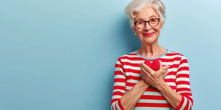 An elegant, fit granny with a charming smile, wearing glasses, holds a red apple in the kitchen.