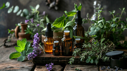 Assortment of essential oil bottles with fresh herbs. selective focus. Generative AI, - obrazy, fototapety, plakaty