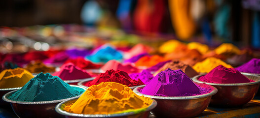 Explore the significance of the colorful powders used in Holi celebrations, symbolizing the victory of good over evil and the arrival of spring - obrazy, fototapety, plakaty