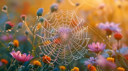 Dew-laden spiderweb intricately woven among pastel-hued wildflowers. 