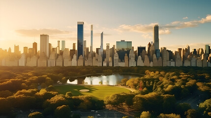 Obraz premium Scenic Aerial New York City View of Manhattan Residential and Office Architecture. Panoramic Evening Sunset Photo from a Helicopter. Cityscape with Skyscrapers Near Central Park in Midtown Area