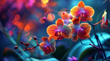 Orchids in a symphony of colors, illuminated by soft moonlight. - obrazy, fototapety, plakaty