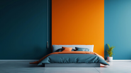 Bed against vibrant orange and blue wall with copy space. Minimalist interior design of modern bedroom
