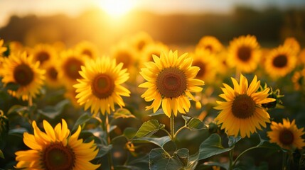 Sunflowers reaching towards the sun in a vast sun-kissed field. - obrazy, fototapety, plakaty